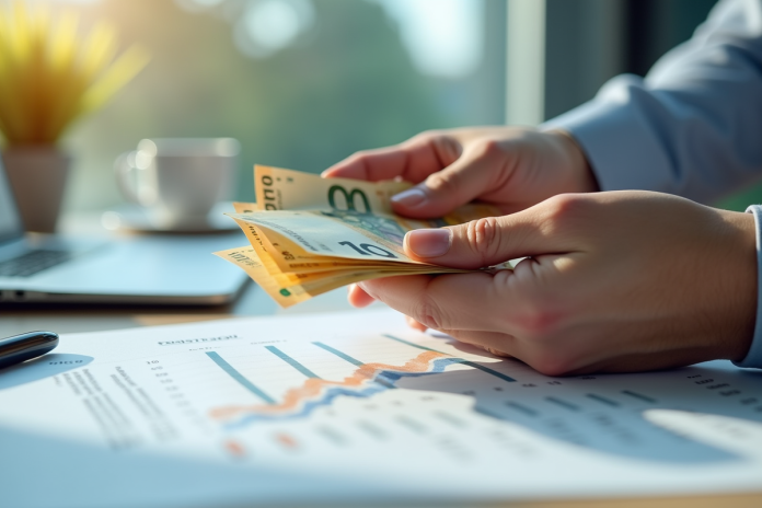 main-portefeuille-euros-bureau Main tenant des euros sur un bureau moderne avec relevé de compte
