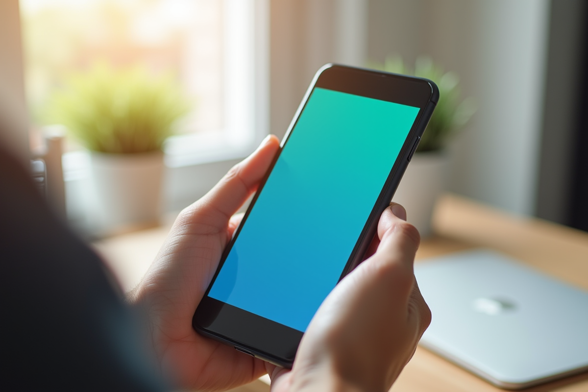 Main tenant un smartphone affichant une application bancaire moderne