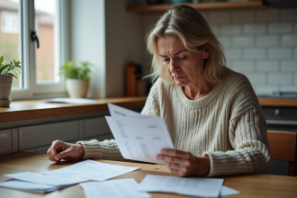 Maman préoccupée vérifiant ses factures dans la cuisine