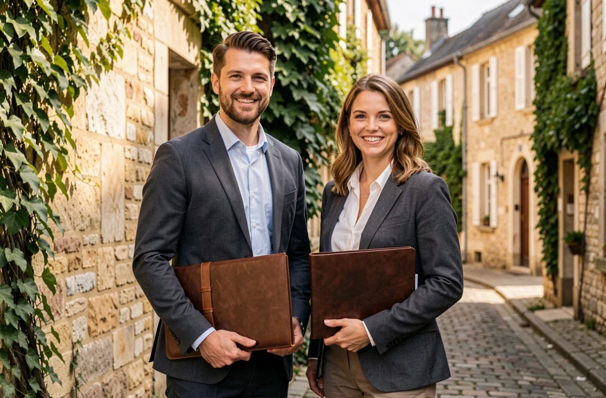 Notaires Martin Souliez et Emilie Chartier souriants devant un bâtiment en pierre de taille à Langeais en Indre-et-Loire