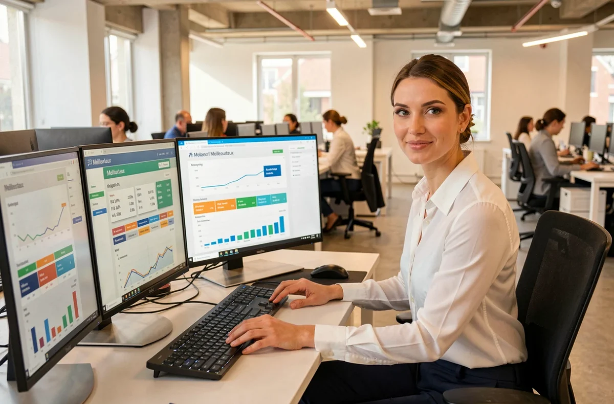 Conseillère Meilleurtaux comparant les offres de crédit immobilier sur plusieurs écrans dans une agence multisite