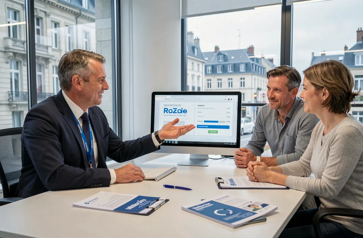 Un conseiller Meilleurtaux à Rouen compare des taux de crédit immobilier sur écran avec un couple de clients