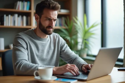 Homme mettant à jour son RIB sur son espace client Free Mobile depuis un ordinateur portable à domicile