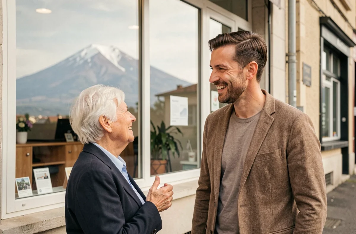 Courtier Mon Courtier Expert accueillant des clients dans son agence de proximité à Clermont-Ferrand avec le Puy-de-Dôme en arrière-plan