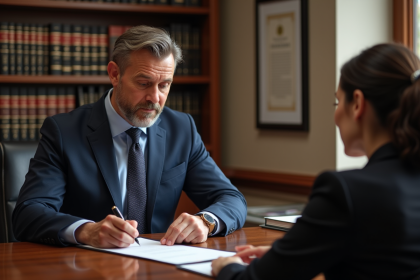 Notaire en costume remet des documents à une femme dans un bureau