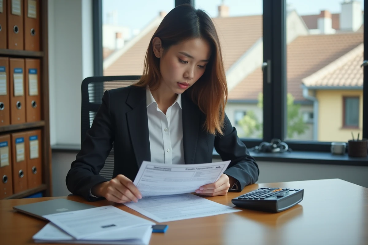 Jeune femme notaire v&eacute;rifiant une licence de taxi au bureau
