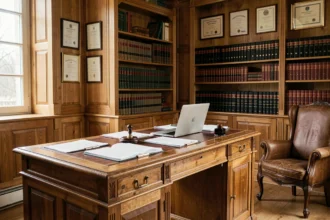 Bureau de notaire classique en Indre-et-Loire avec documents juridiques, sceau notarial et bibliothèque de codes juridiques