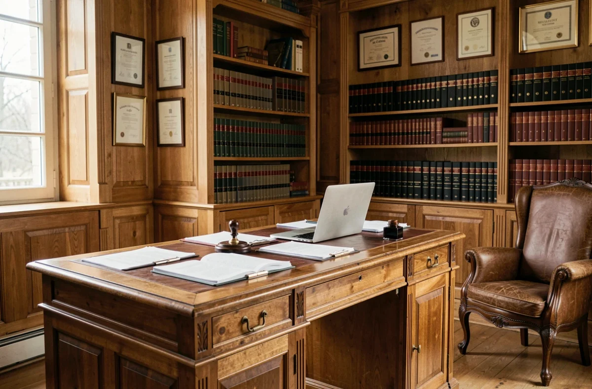 Bureau de notaire classique en Indre-et-Loire avec documents juridiques, sceau notarial et bibliothèque de codes juridiques