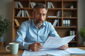 Homme consultant ses documents fiscaux sur un bureau en bois dans un bureau à domicile moderne pour optimiser ses impôts sur le revenu