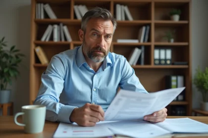 Homme consultant ses documents fiscaux sur un bureau en bois dans un bureau à domicile moderne pour optimiser ses impôts sur le revenu