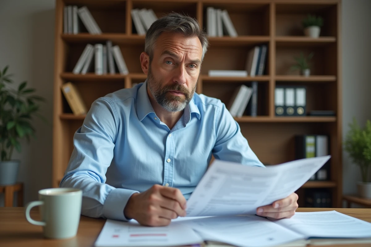 Homme consultant ses documents fiscaux sur un bureau en bois dans un bureau à domicile moderne pour optimiser ses impôts sur le revenu