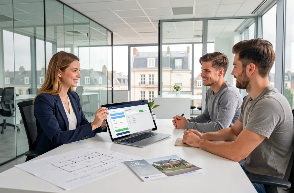 Une conseillère Optito à Rouen présente un comparatif de prêt immobilier sur tablette à de jeunes clients