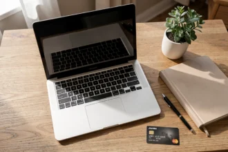 Ordinateur portable et carte bancaire posés sur un bureau