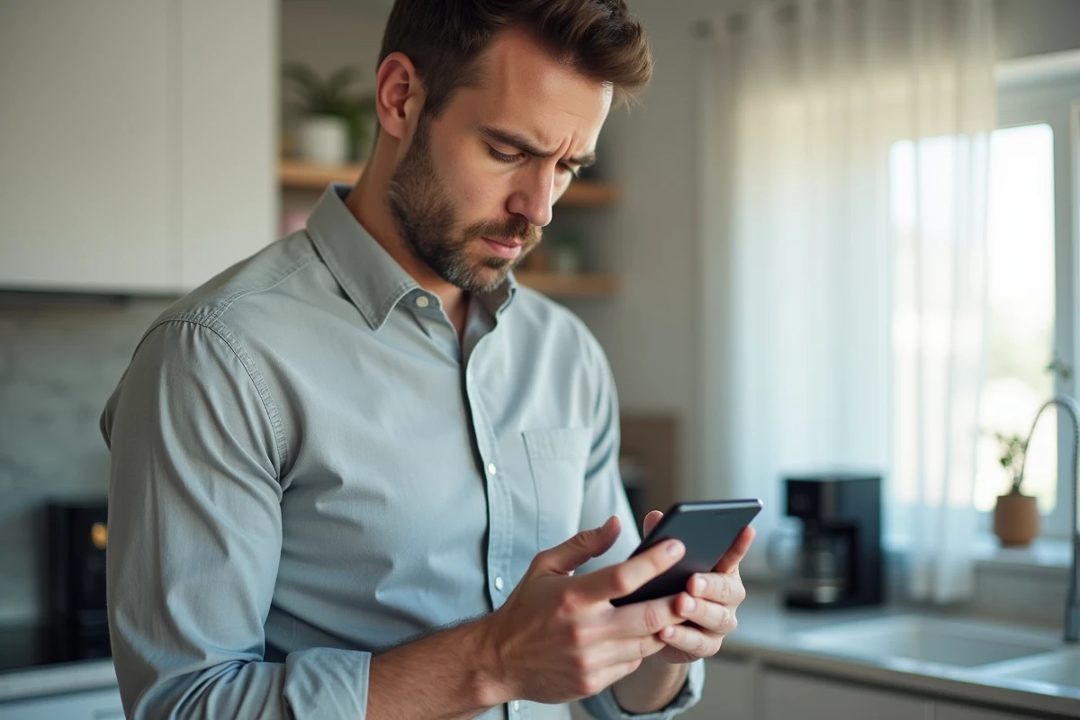 Homme consultant l'application bancaire LCL sur smartphone avec un message d'oubli de code affiché à l'écran
