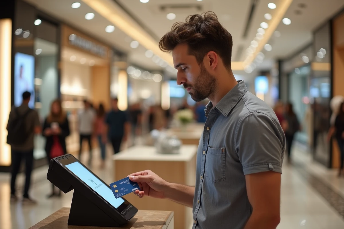 Homme payant par carte bancaire dans un centre commercial de Duba&iuml; avec conversion de devises