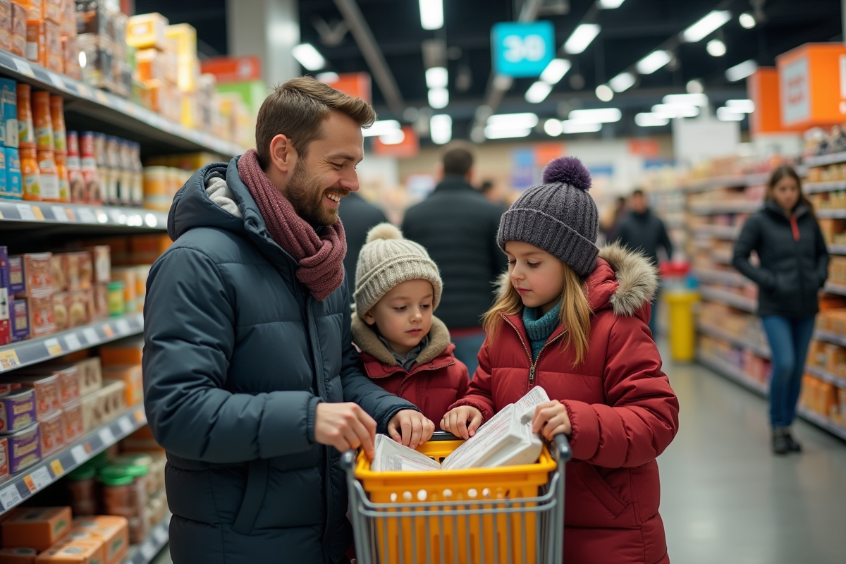 Père et enfants faisant leurs courses dans un supermarché