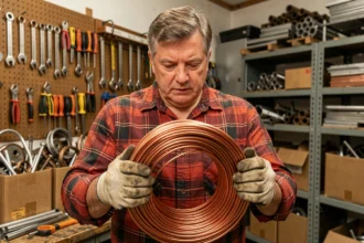 Particulier examinant un rouleau de fil de cuivre dans un atelier avant de le vendre à un revendeur de métaux