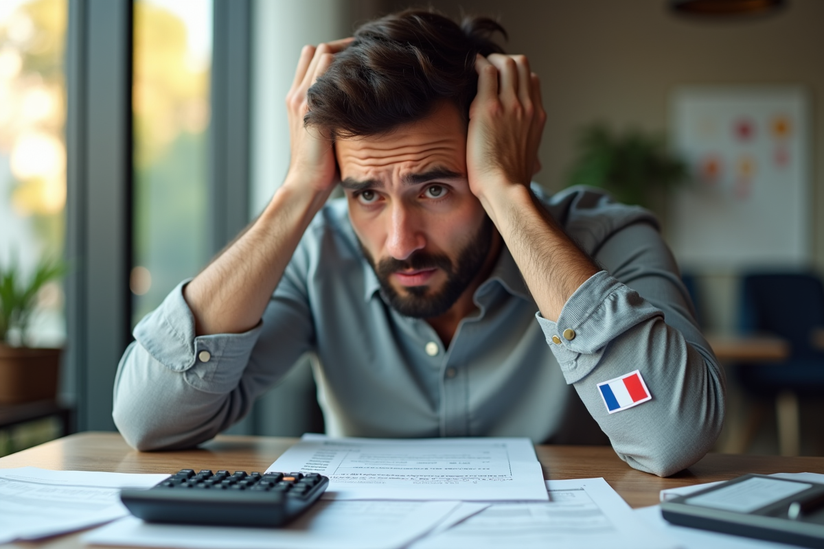 Personne inquiète examinant des documents financiers avec des stickers France et Binance