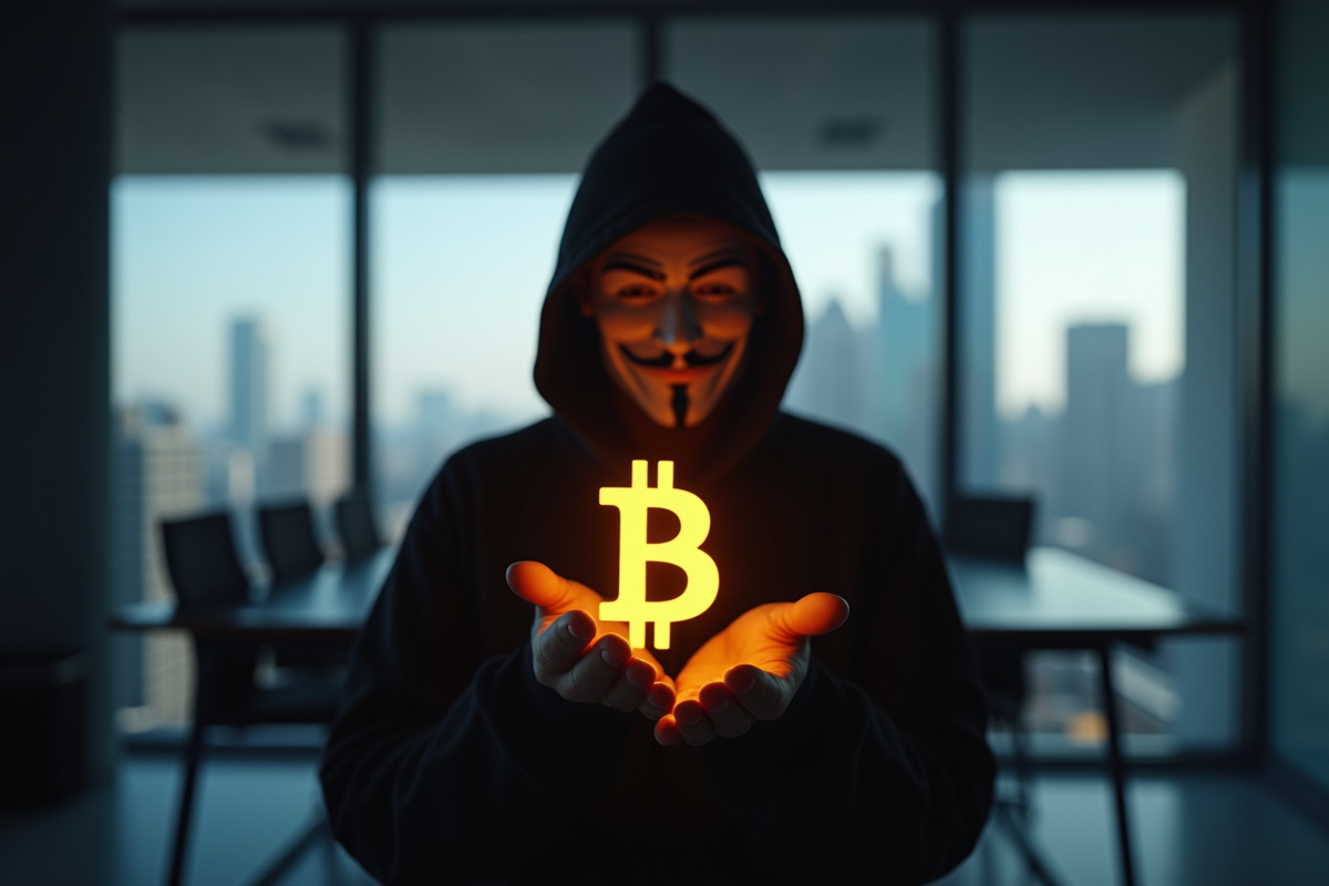 Personne masquée tenant un symbole Bitcoin lumineux dans un bureau