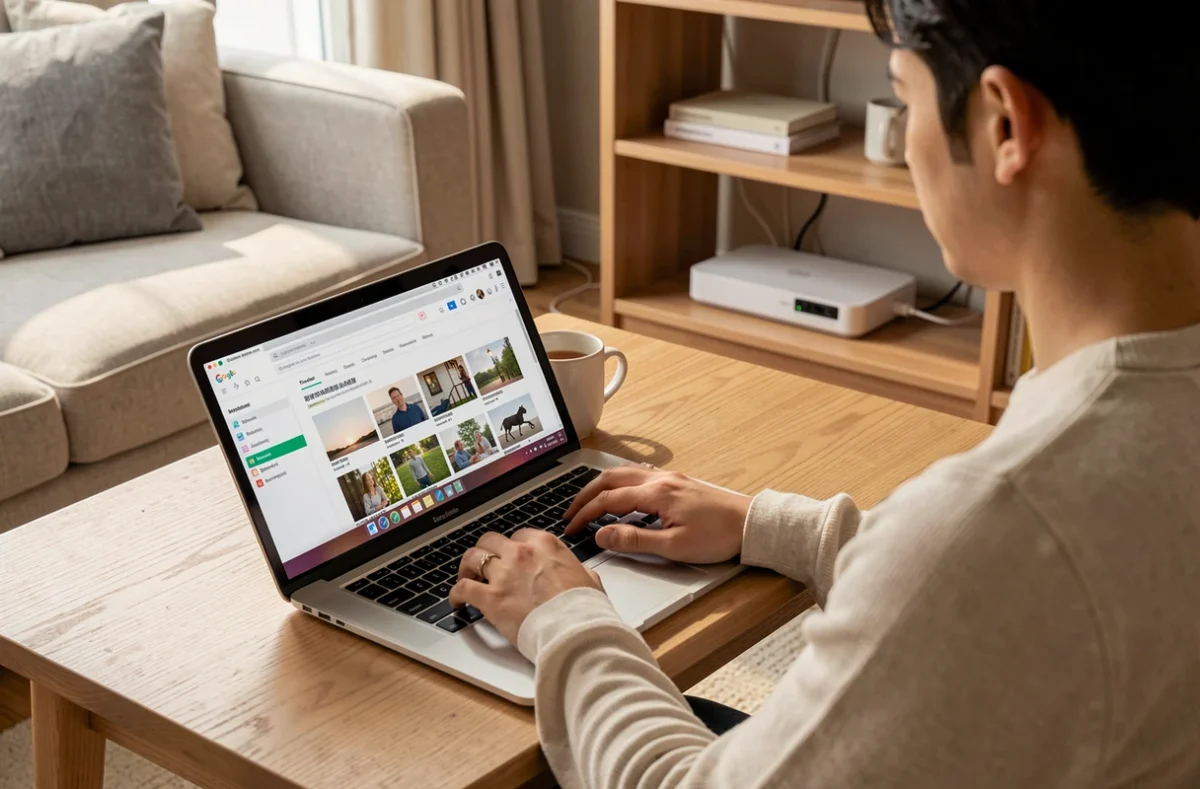 Personne utilisant un ordinateur portable à côté d'une box internet