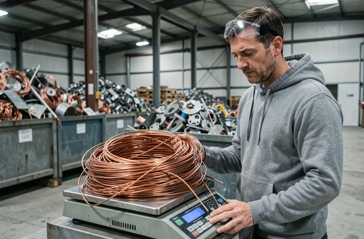 Homme pesant des câbles en cuivre dénudés sur une balance industrielle dans un centre de recyclage de métaux