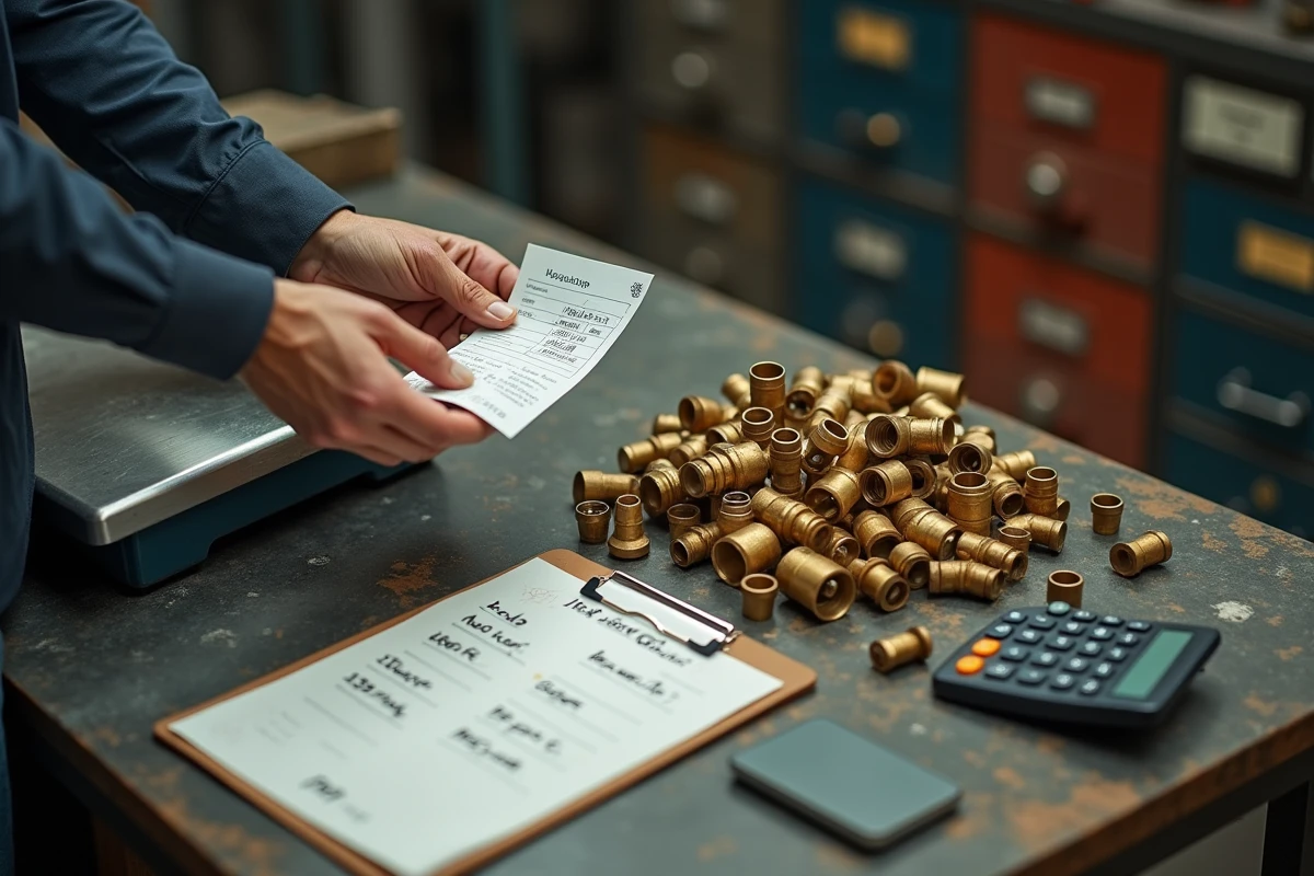 Pesée et estimation du prix du laiton au kilogramme sur un comptoir de ferrailleur avec reçu et pièces en laiton