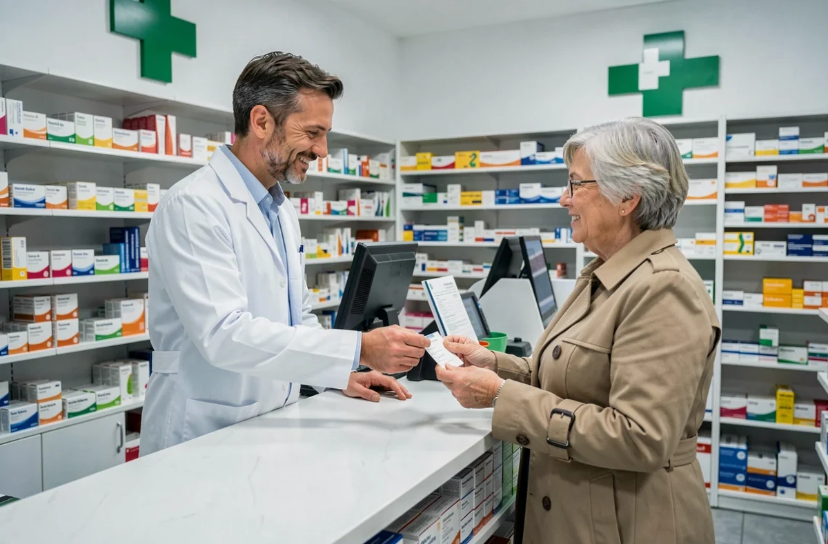 Pharmacien remettant une ordonnance à une patiente âgée dans une pharmacie française, illustrant le remboursement mutuelle et sécurité sociale