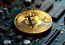 Pièce de Bitcoin en or sur une carte mère informatique
