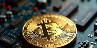 Pièce de Bitcoin en or sur une carte mère informatique