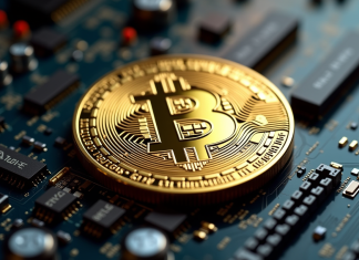 Pièce de Bitcoin en or sur une carte mère informatique