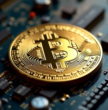 Pièce de Bitcoin en or sur une carte mère informatique