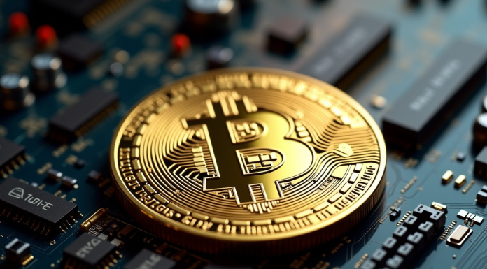 Pièce de Bitcoin en or sur une carte mère informatique