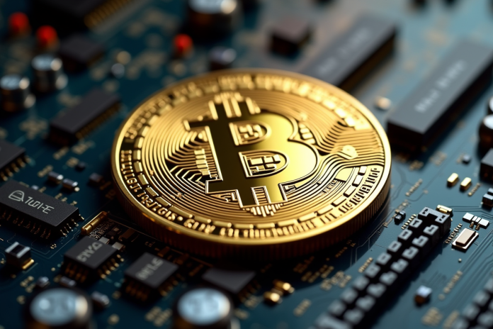 piege-bitcoin-motherboard Pièce de Bitcoin en or sur une carte mère informatique