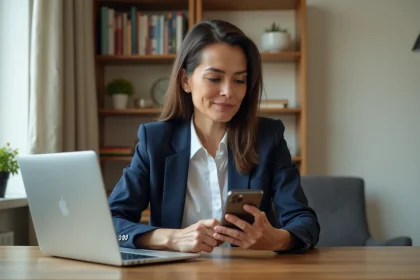 Femme consultant les plafonds de virement instantané sur son smartphone et ordinateur depuis un bureau à domicile