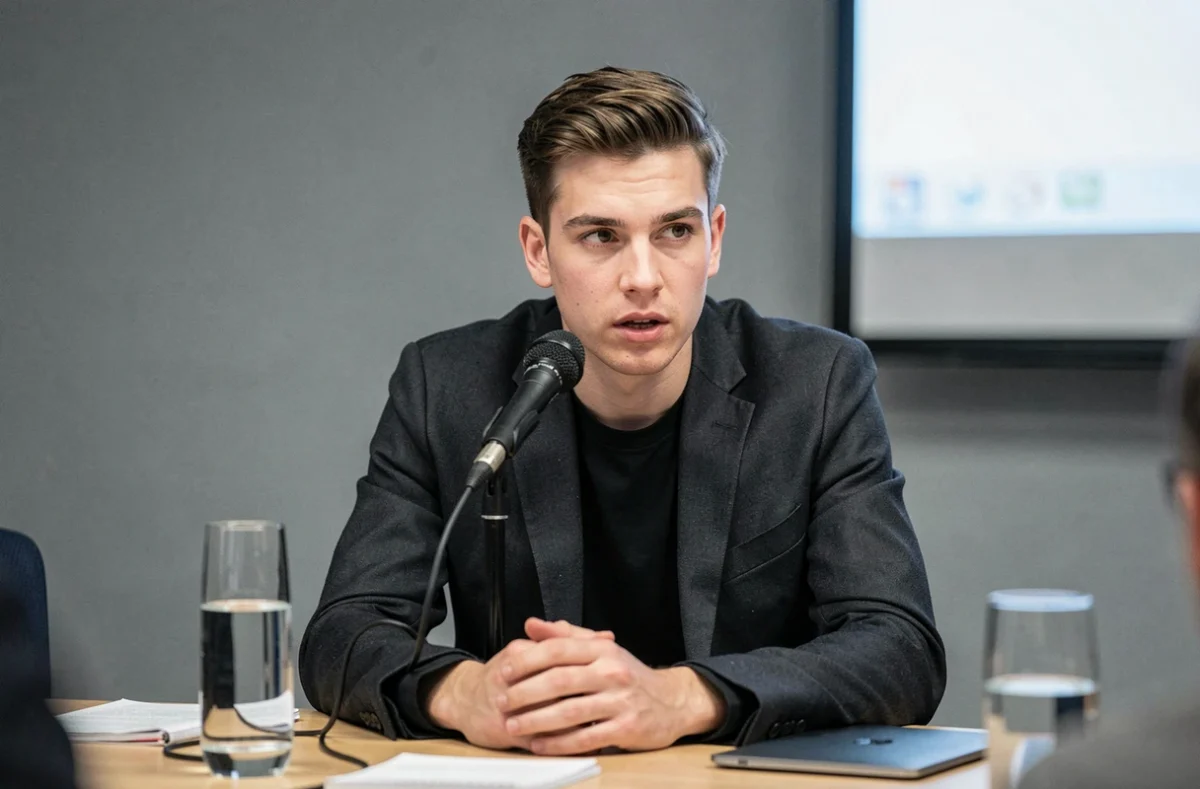Jeune politicien prenant la parole lors d'un débat public dans une salle de conférence, ambiance institutionnelle et engagée