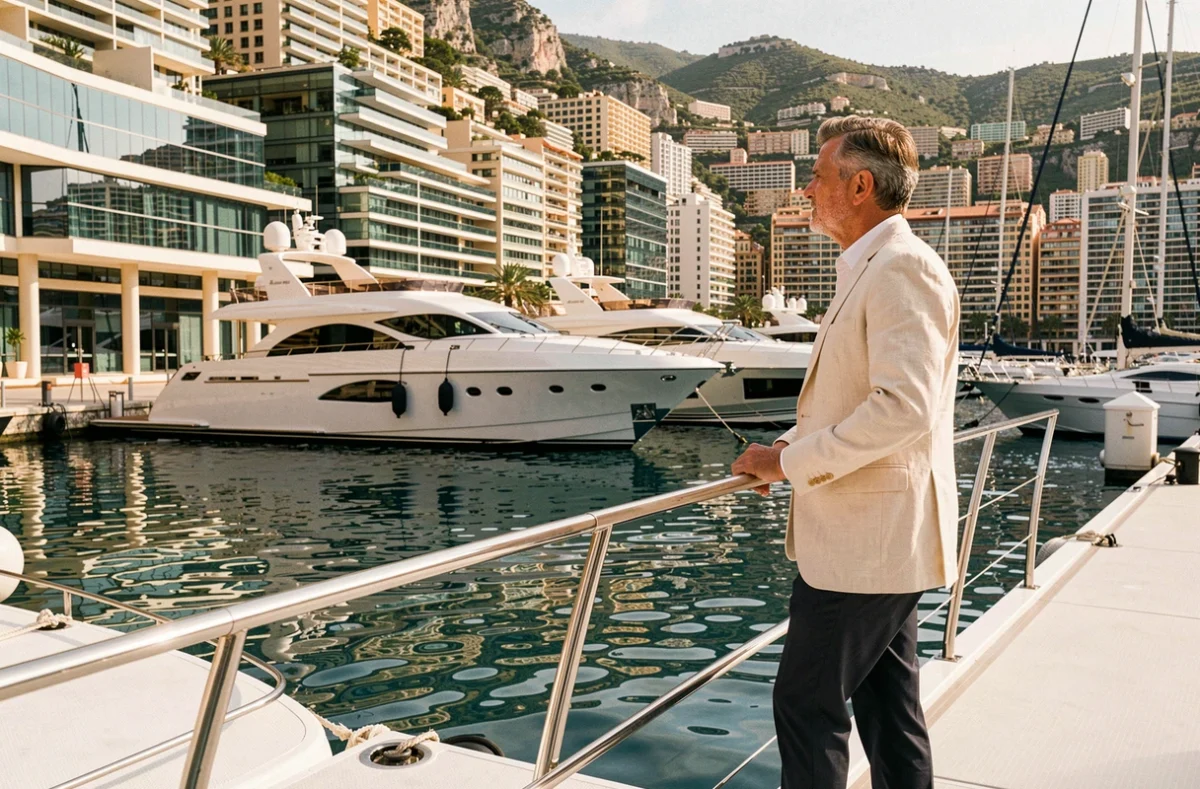 Vue du port de Monaco avec superyachts et personnage en veste de lin contemplant la mer, évoquant la fortune et l'ascension sociale liées à Zeus Monaco