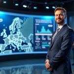 Présentateur météo européen devant une carte numérique