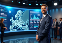 Présentateur météo européen devant une carte numérique