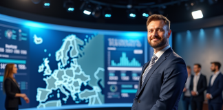 Présentateur météo européen devant une carte numérique