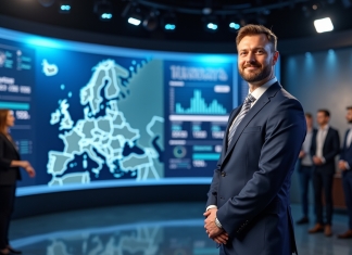 Présentateur météo européen devant une carte numérique