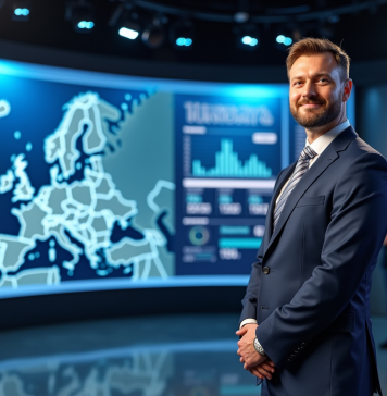 Présentateur météo européen devant une carte numérique