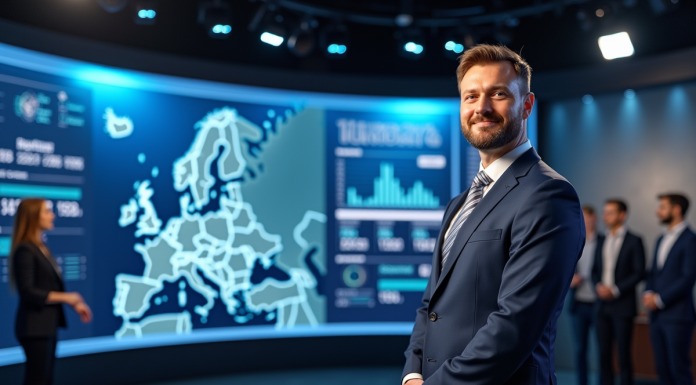 Présentateur météo européen devant une carte numérique