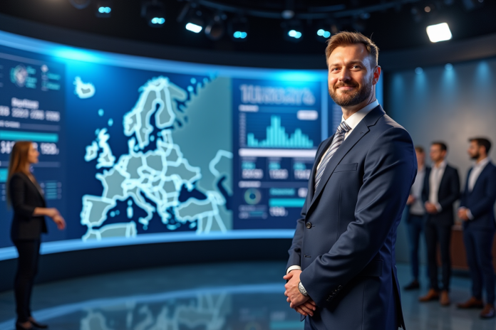 Présentateur météo européen devant une carte numérique