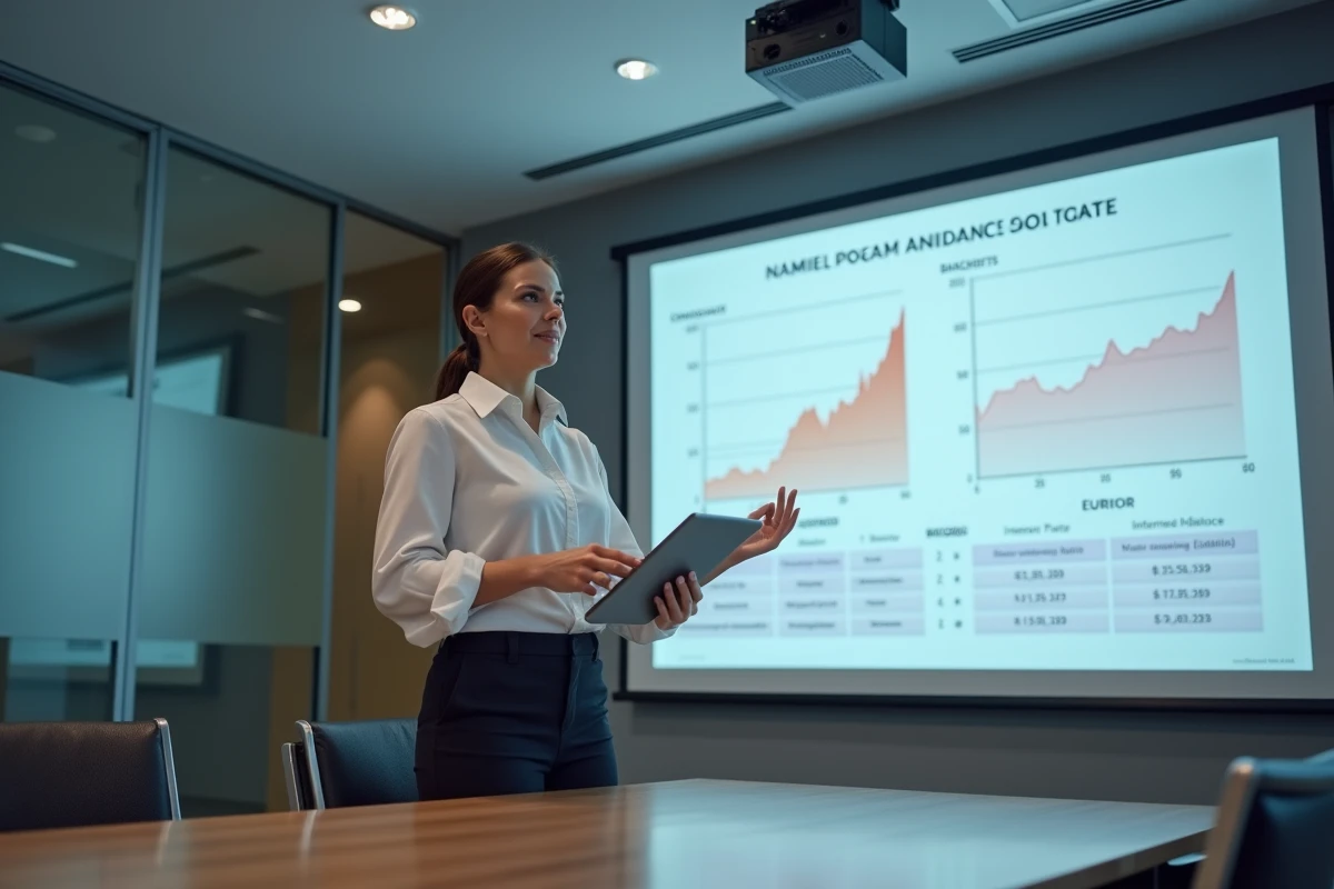 Femme cadre présentant une comparaison des taux OAT et Euribor lors d'une réunion financière