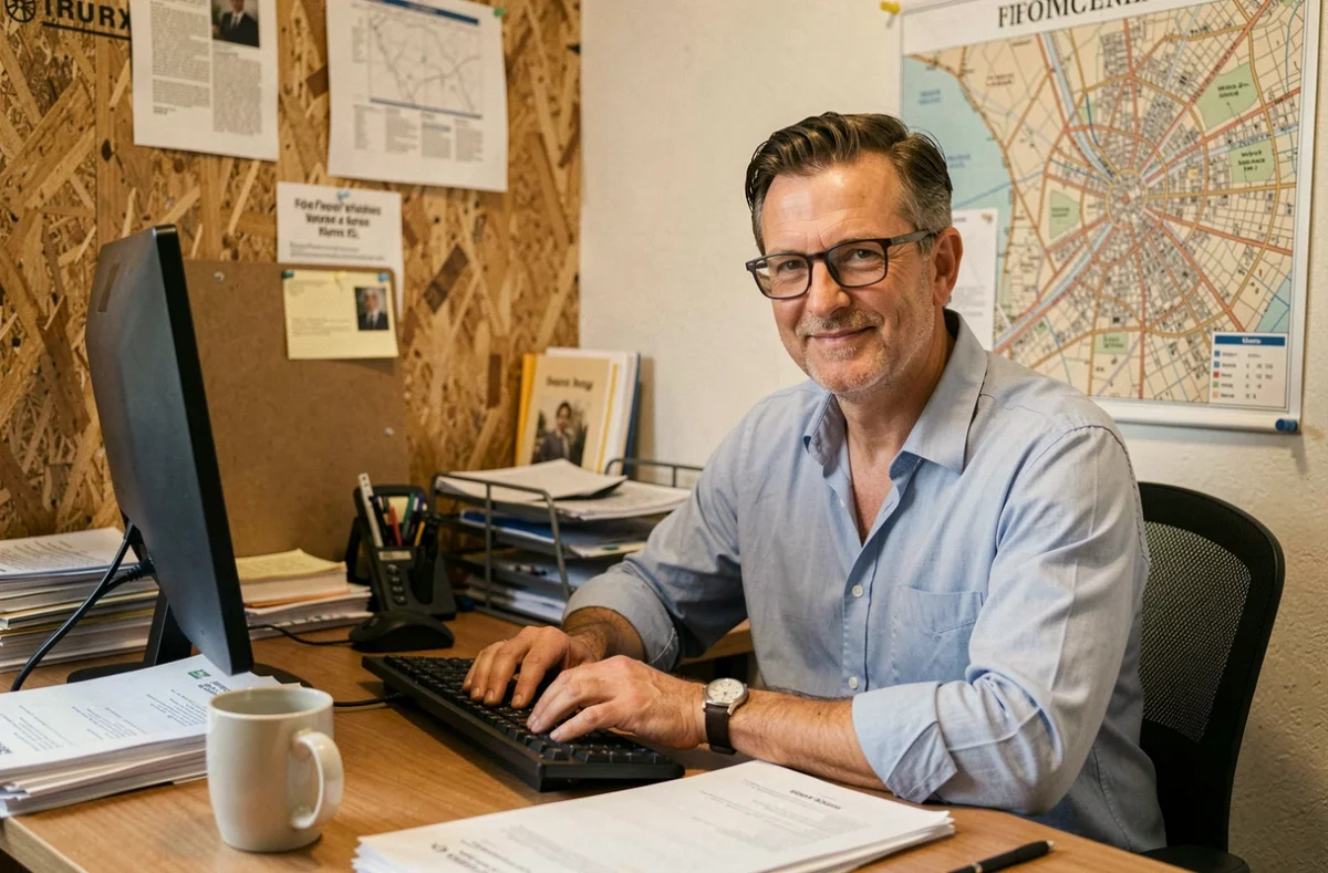 Courtier indépendant Prestafinance travaillant dans son agence à Lyon avec dossiers clients et carte de la région