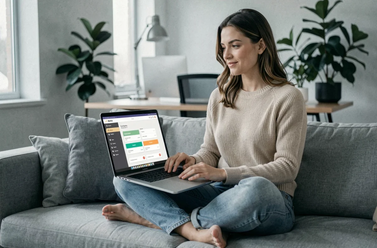Utilisatrice accédant au service de courtage digital Pretto depuis chez elle en région Auvergne-Rhône-Alpes