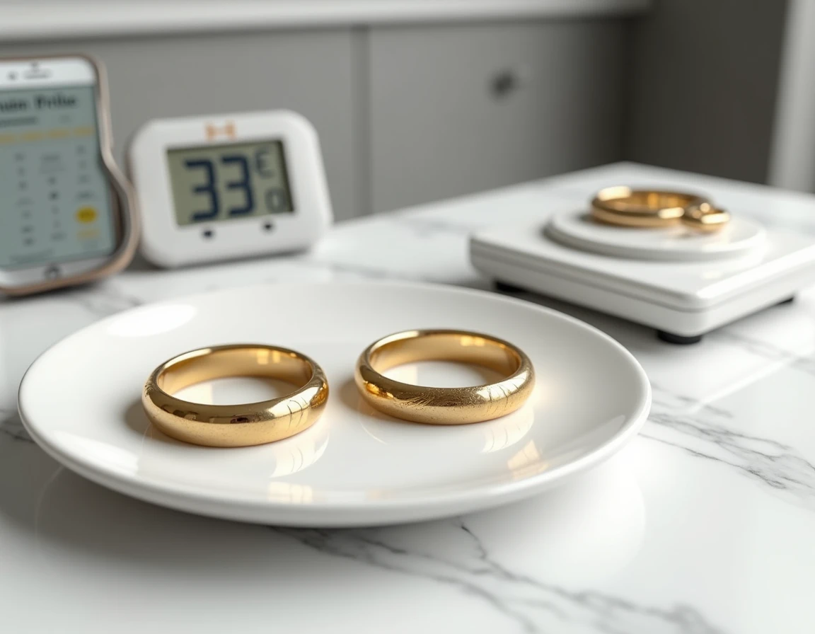 Bagues en or posées sur une balance de précision avec un smartphone affichant le prix de l'or au gramme et un poinçon 375 visible