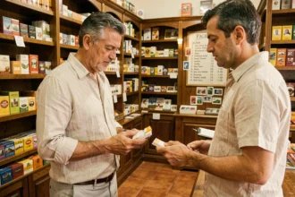 Un homme examine le prix des cigarettes dans un estanco espagnol, boutique de tabac traditionnelle avec liste de prix affichée