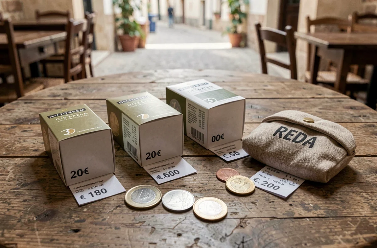 Paquets de cigarettes espagnols avec pièces en euros et ticket de caisse sur une table en bois, comparaison des prix du tabac en Espagne