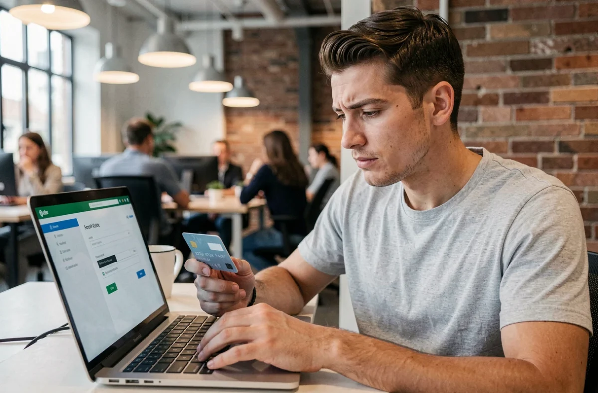Jeune professionnel vérifiant le paiement d'une facture Free sur un ordinateur portable